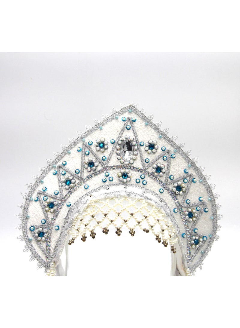 D'Daniela D' Daniela - Women's Traditional Headdress Kokoshnik - White with blue and white beads - Image 2