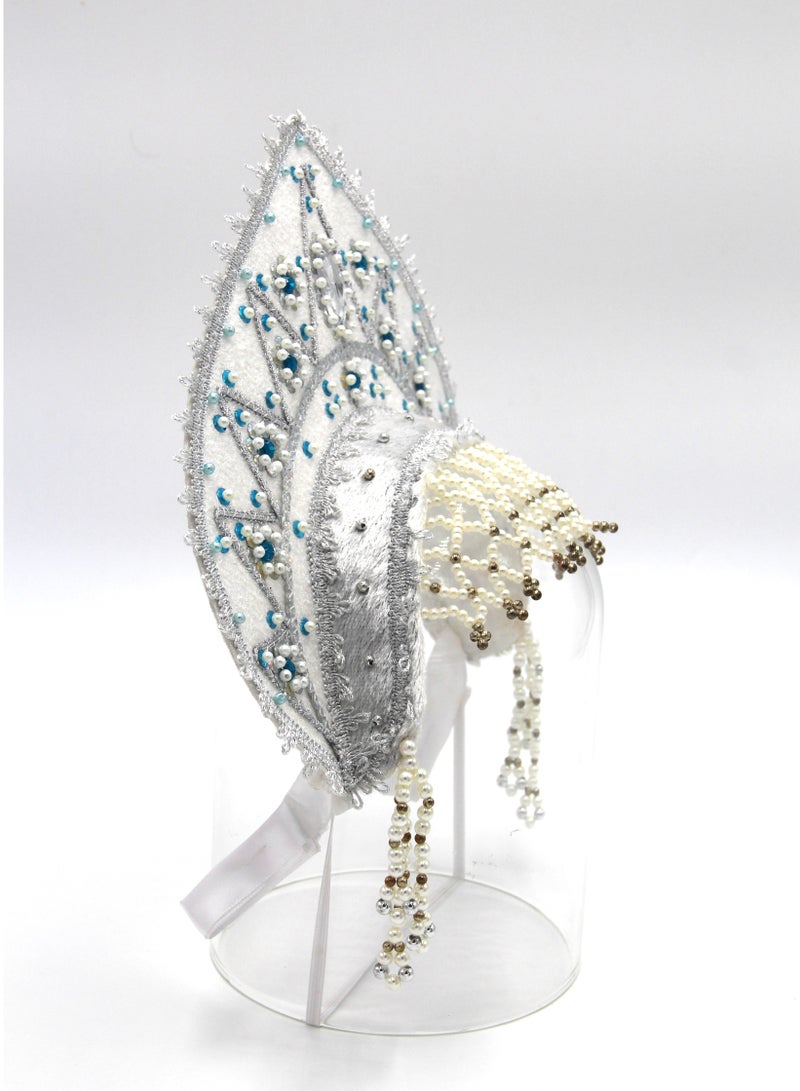 D'Daniela D' Daniela - Women's Traditional Headdress Kokoshnik - White with blue and white beads - Image 4