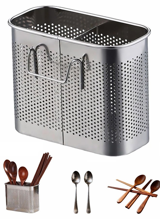 304 Stainless Steel 2-Tier Utensil Drainer, Silverware Drying Rack with Hooks, Brushed Finish - Image 1