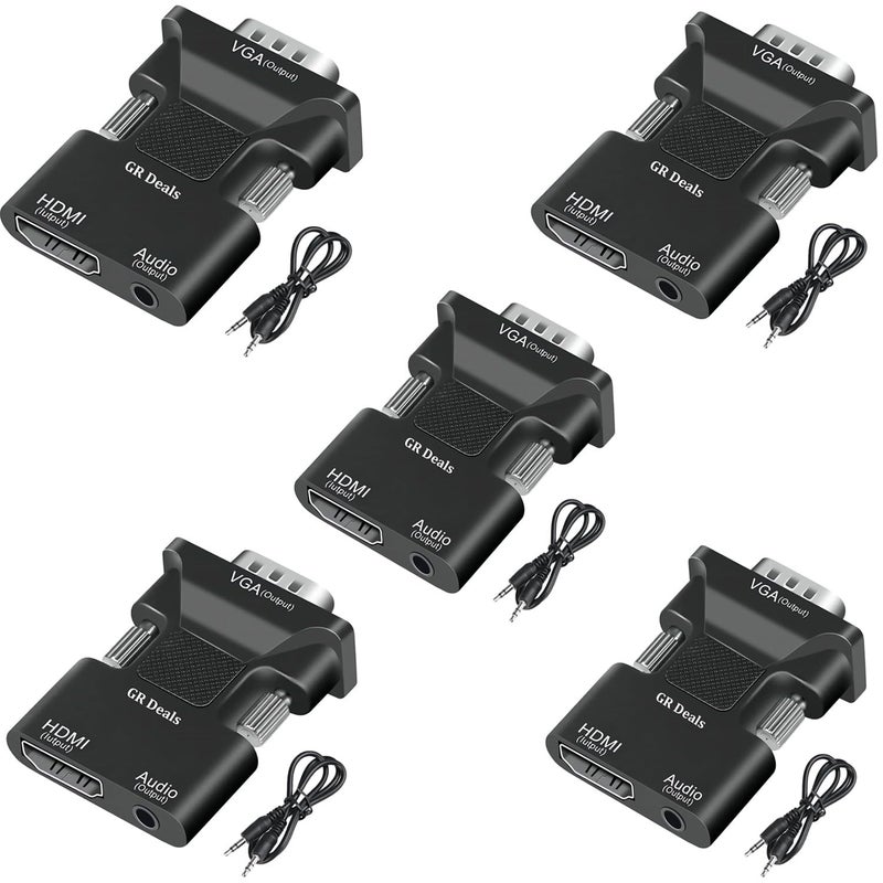 GR Deals GR Deals HDMI to VGA Adapter Converter with 3.5mm Stereo Audio, Active Female HDMI to VGA Male 1080p Video Dongle Adaptor for Laptop PC PS/3 X/-Box STB Blu-ray DVD TV Stick. Black. (Pack of 5) - Image 1