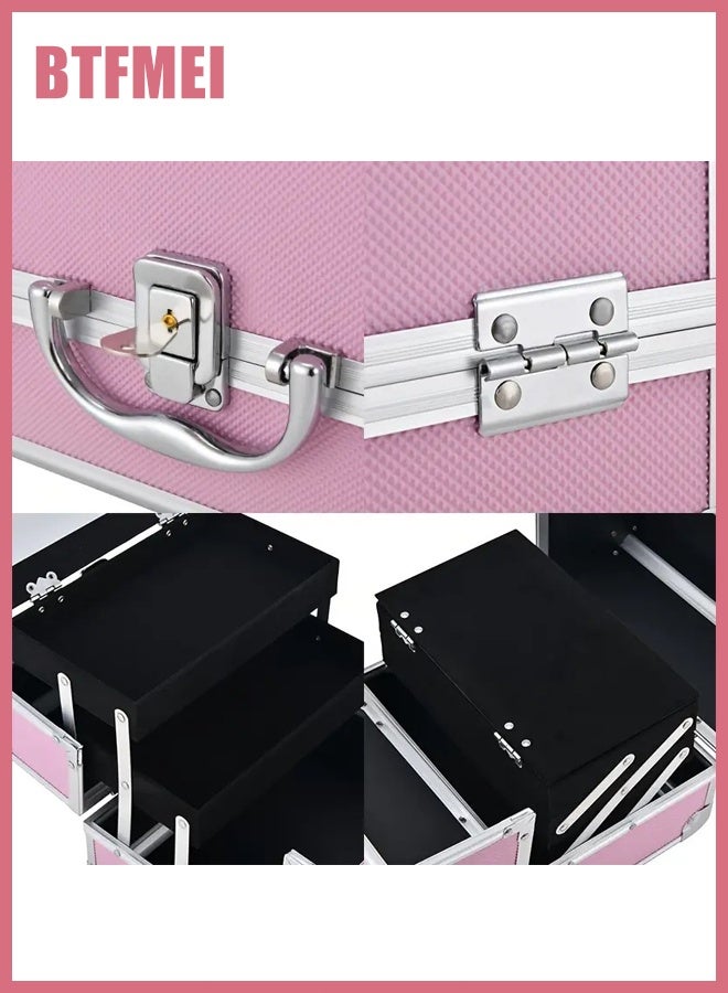BTFMEI Professional Pink Aluminum Makeup Case with Mirror & Lock, 4-Tier Cosmetic Organizer for Women, Makeup Artists, Nail & Beauty Tools, Travel & Gift – 23×17×17cm - Image 2