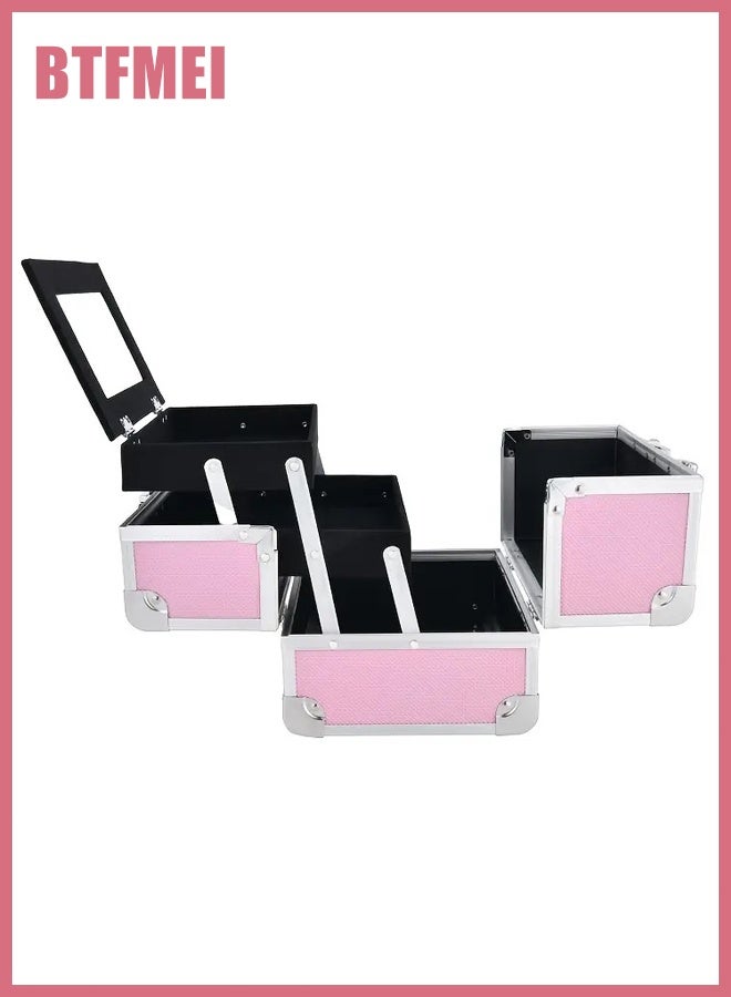 BTFMEI Professional Pink Aluminum Makeup Case with Mirror & Lock, 4-Tier Cosmetic Organizer for Women, Makeup Artists, Nail & Beauty Tools, Travel & Gift – 23×17×17cm - Image 5