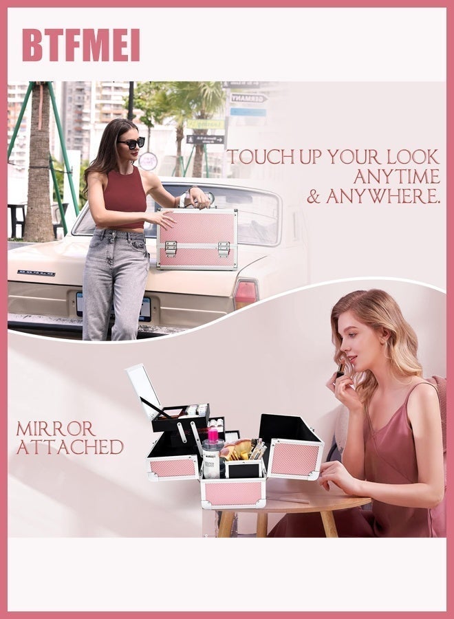 BTFMEI Professional Pink Aluminum Makeup Case with Mirror & Lock, 4-Tier Cosmetic Organizer for Women, Makeup Artists, Nail & Beauty Tools, Travel & Gift – 23×17×17cm - Image 3