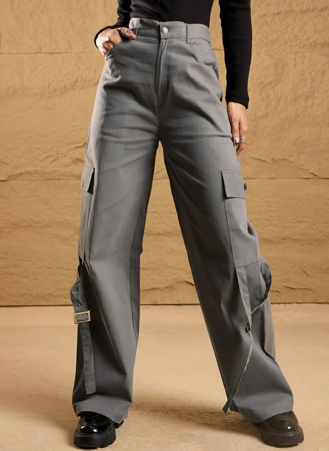 SASSAFRAS High-Rise Grey Cargos Trousers for Women