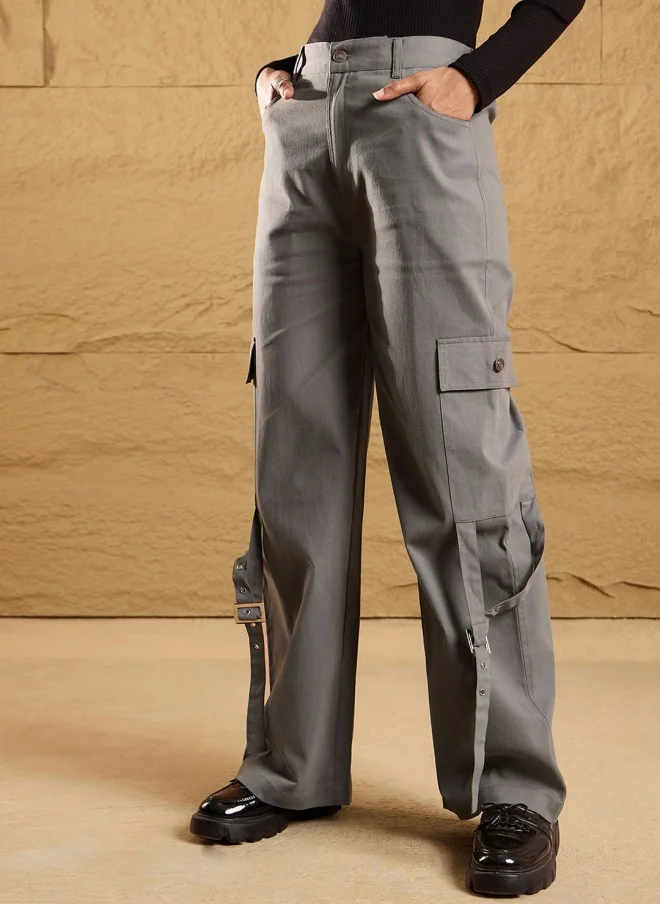 SASSAFRAS High-Rise Grey Cargos Trousers for Women