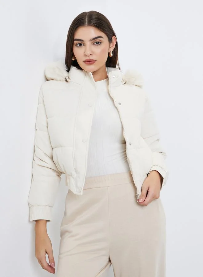 Styli Off White Regular Fit Short Length Hooded Padded Jacket with Faux Fur Detail