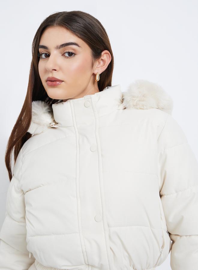 Styli Off White Regular Fit Short Length Hooded Padded Jacket with Faux Fur Detail - Image 4