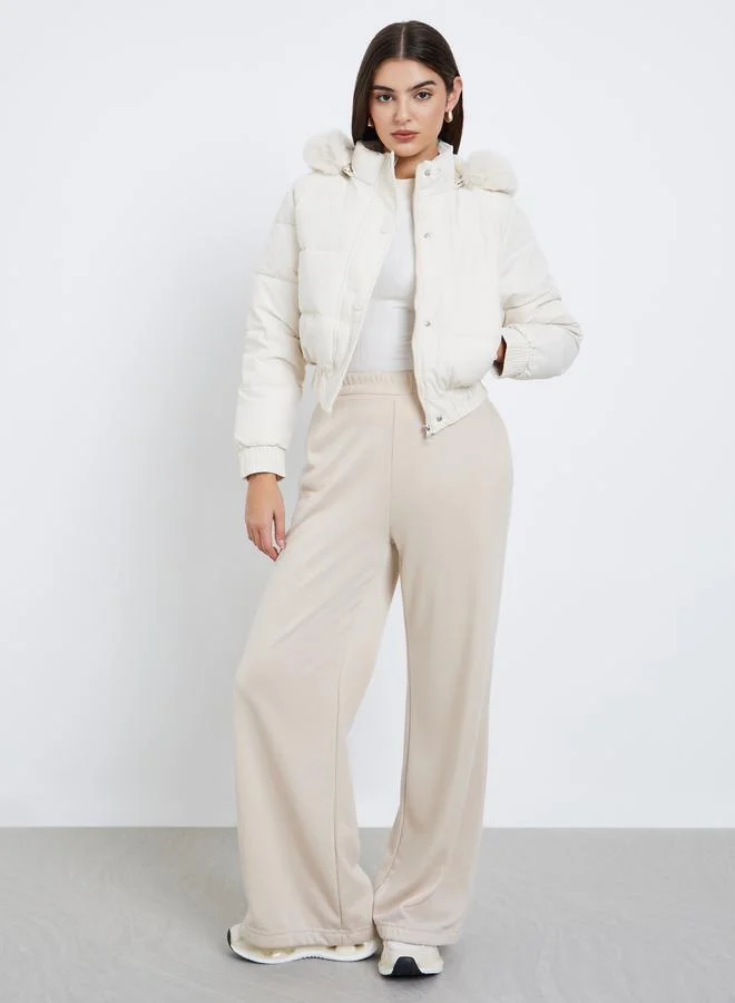 Styli Off White Regular Fit Short Length Hooded Padded Jacket with Faux Fur Detail