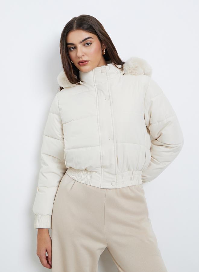 Styli Off White Regular Fit Short Length Hooded Padded Jacket with Faux Fur Detail - Image 3