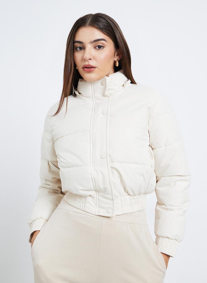 Styli Off White Regular Fit Short Length Hooded Padded Jacket with Faux Fur Detail - Image 5