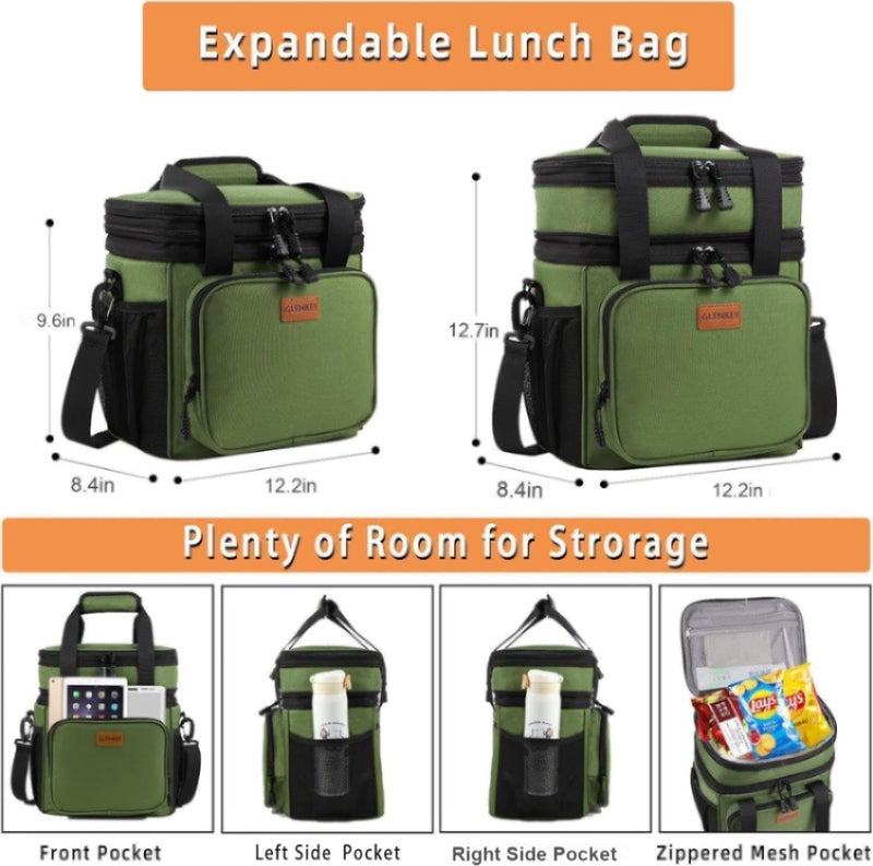 GLENKEY Expandable XLarge Lunch Box, Insulated Heavy Duty Lunch Bag Waterproof Leakproof Durable Cooler Bag for Men Women Adults Work Construction Camping Trip, 22L, Army Green - Image 3