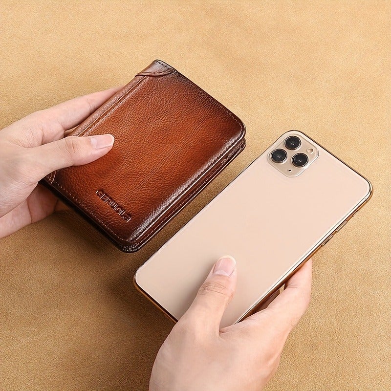 GERUOLA Men's Ultra-Slim RFID Anti-Theft Leather Wallet with ID Window, Gold Hardware, and Large Capacity - Image 5
