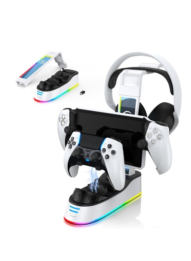 Generic - Charging Dock for Playstation Portal Remote Player and PS5/PS5 Edge Controller with Headset Holder, RGB Light, Portable Charging Stand Compatible with PS Portal Remote Player - Image 1