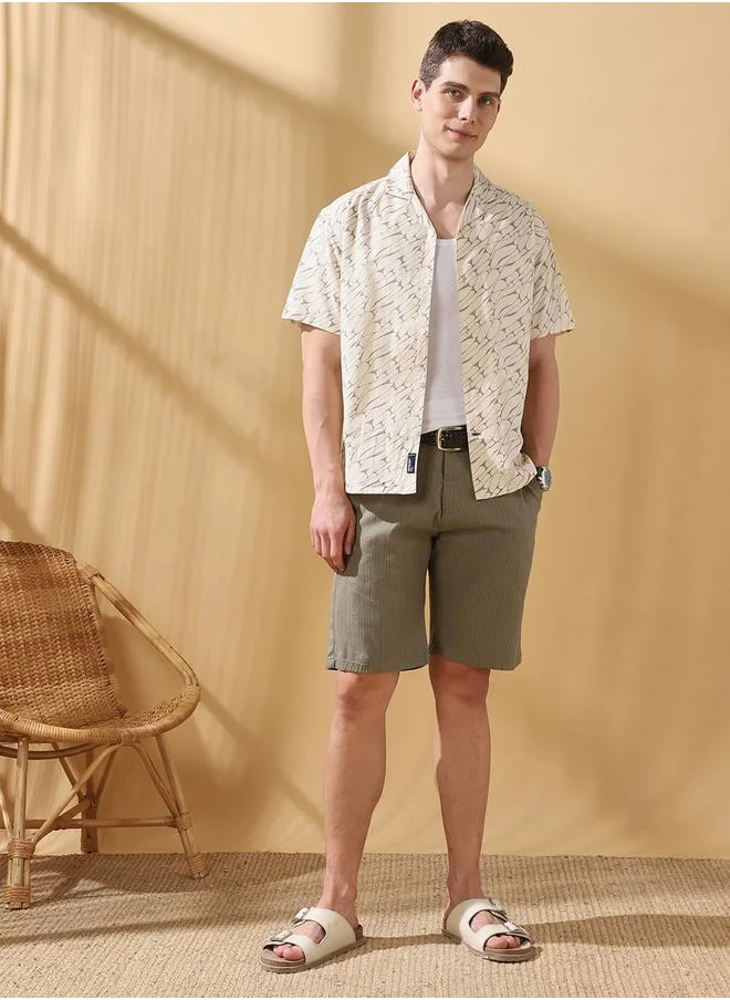 Dennis Lingo Regular Fit Stripes Olive 100% cotton slub Mid rise Waist Knee Length Length Woven Weave Bermuda for Men with Button/Zip Closure -where comfort meets everyday sophistication.