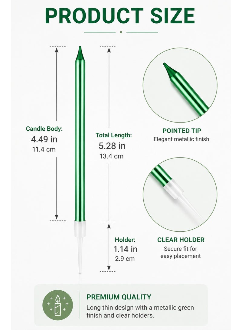 Green Birthday Cake Candles 12pcs – Long Thin Metallic Candles with Holders, Slow Burning Party & Wedding Candle Set - Image 3