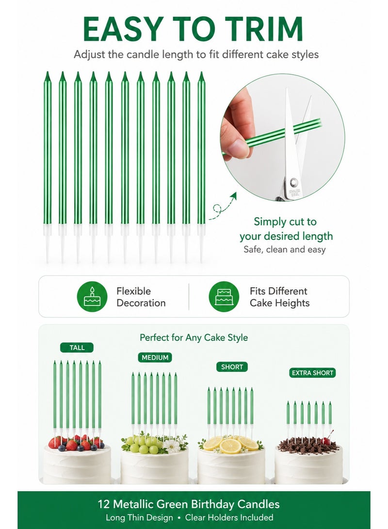 Green Birthday Cake Candles 12pcs – Long Thin Metallic Candles with Holders, Slow Burning Party & Wedding Candle Set - Image 4