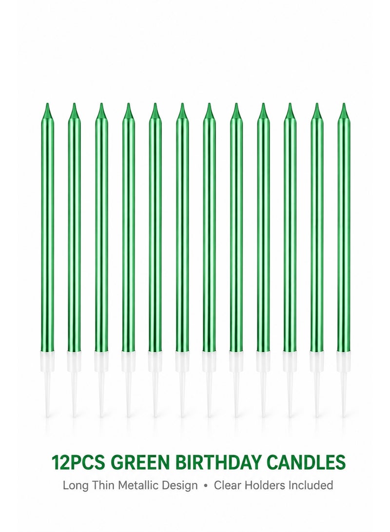 Green Birthday Cake Candles 12pcs – Long Thin Metallic Candles with Holders, Slow Burning Party & Wedding Candle Set - Image 1
