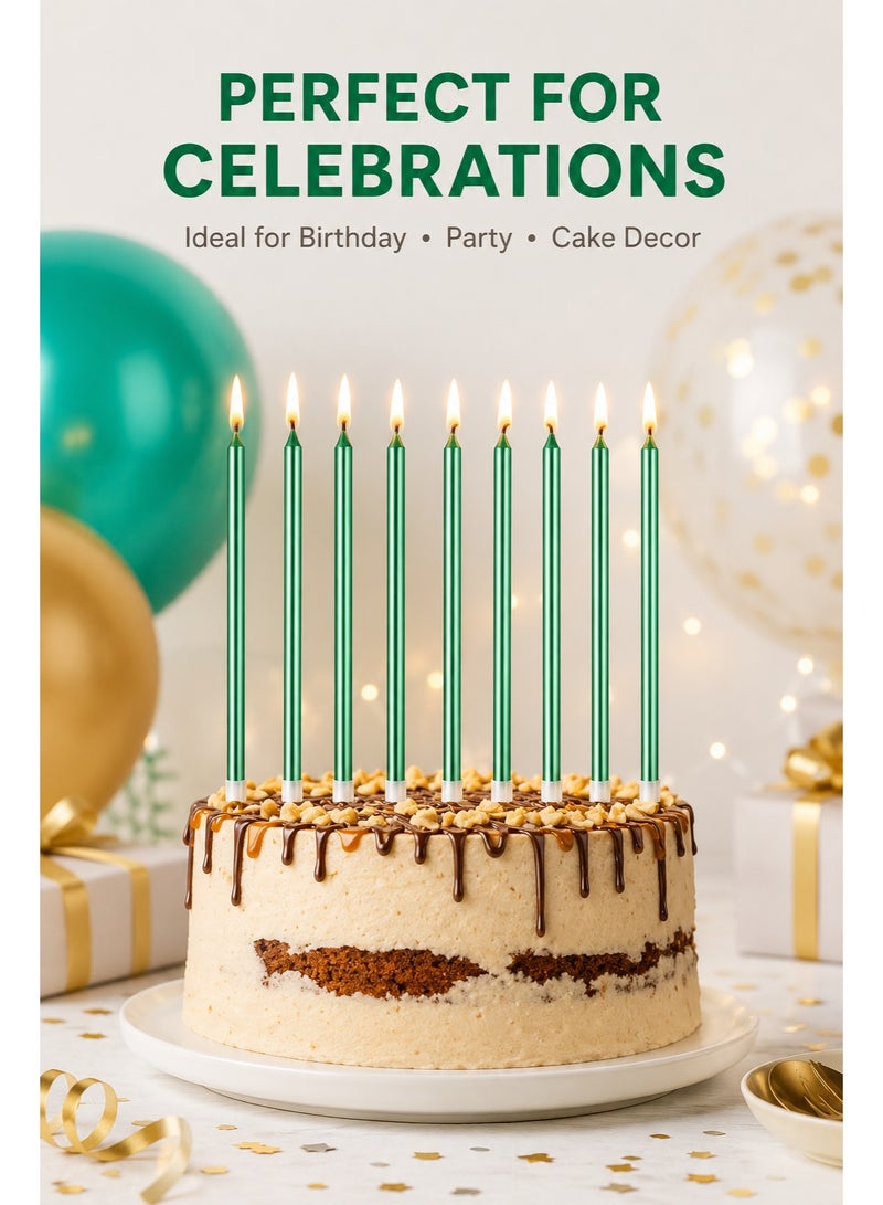 Green Birthday Cake Candles 12pcs – Long Thin Metallic Candles with Holders, Slow Burning Party & Wedding Candle Set - Image 5