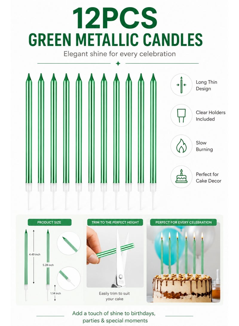 Green Birthday Cake Candles 12pcs – Long Thin Metallic Candles with Holders, Slow Burning Party & Wedding Candle Set - Image 2