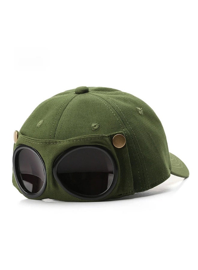 Military Green Aviator Cap with Integrated Rear Goggles – Reversible Wear for Functional Use - Image 1