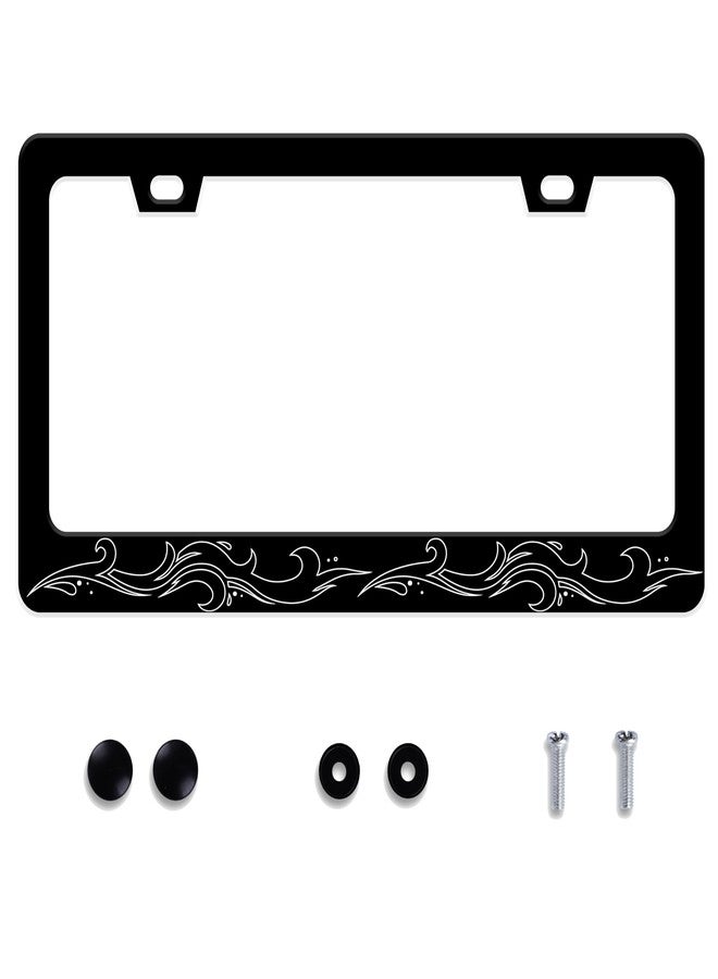UNINDREM Ocean Waves License Plate Frame Black White Sea Wave Stainless Steel License Plate Frame Rust-Proof Auto Parts Decoration with Screws License Plate Holder for Men Women Youth 12x6 Inch - Image 1