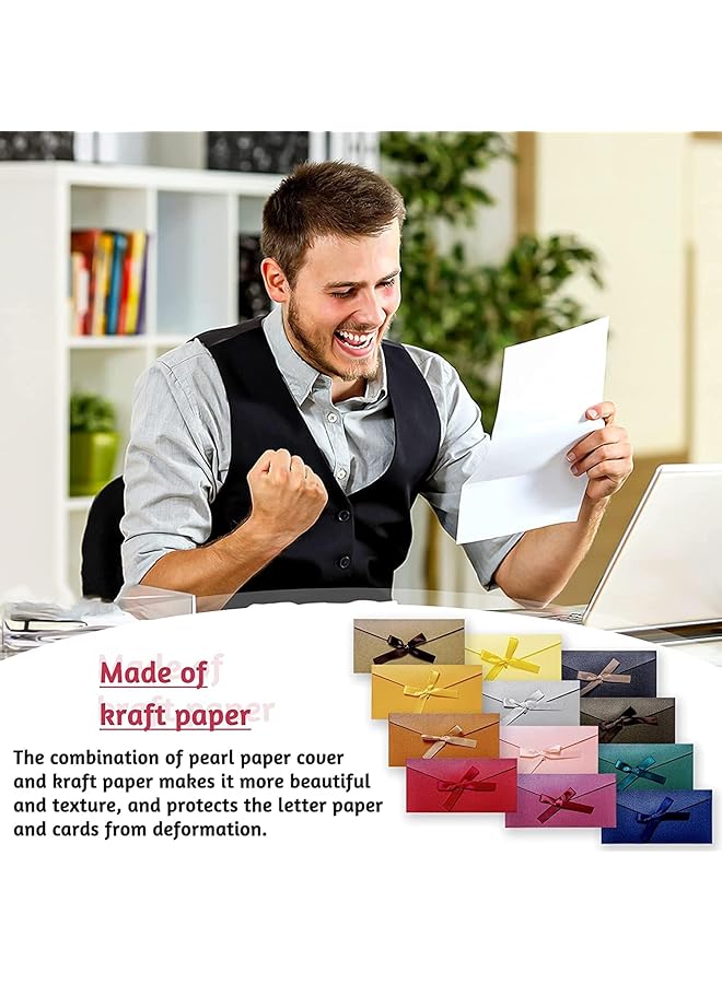 erorex Colorful Envelopes 24Pcs Vintage Kraft Pearlescent Paper Envelopes With Colored Bow Tie Ribbons For Handmade Invitations Wedding Or Festival Cards Thickened Large 12 Color  - Image 2