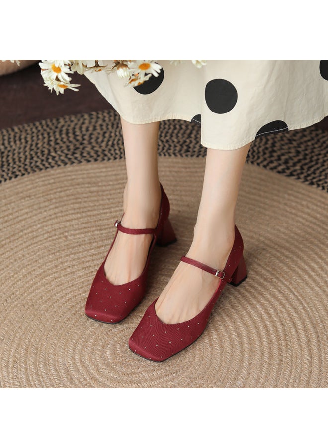 5525-9 Ancora Red Retro Diamond-encrusted Square Toe Thick-heeled Buckle Belt Mary Jane Shoes Women's High-heeled Single-layer Shoes