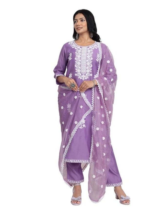كاري طقم كورتا نسائي بمزيج حرير مستقيم مع خيط وتطريز زاري - Image 1