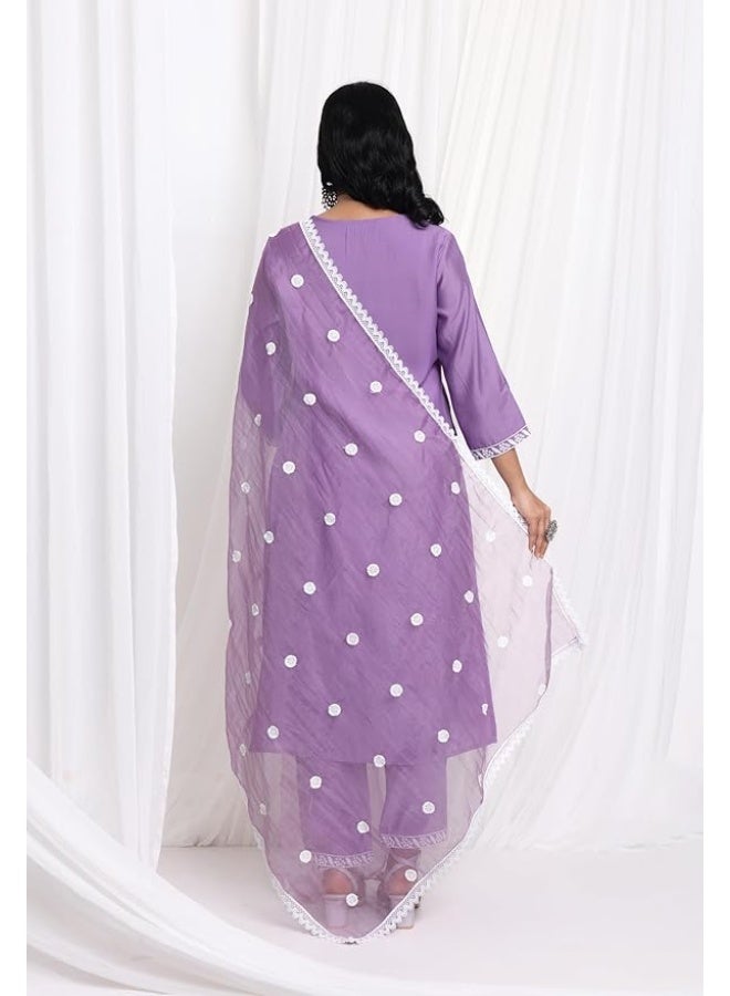 كاري طقم كورتا نسائي بمزيج حرير مستقيم مع خيط وتطريز زاري - Image 3