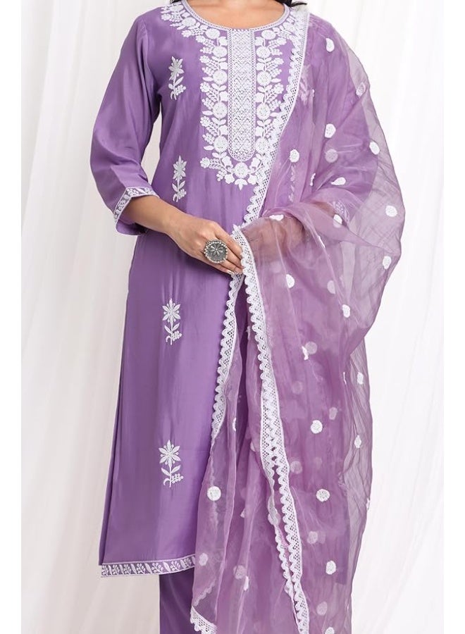 كاري طقم كورتا نسائي بمزيج حرير مستقيم مع خيط وتطريز زاري - Image 4