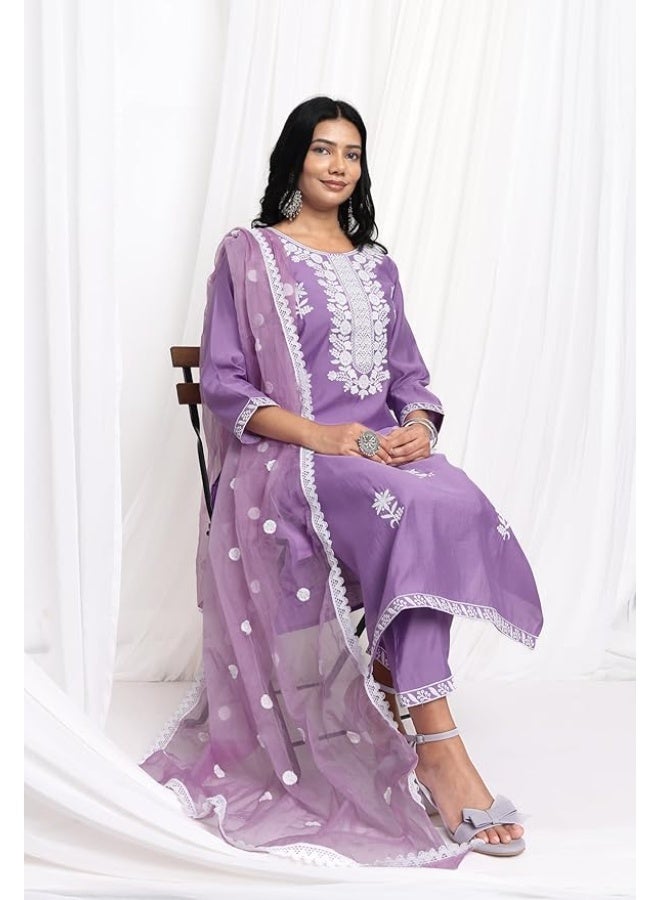 كاري طقم كورتا نسائي بمزيج حرير مستقيم مع خيط وتطريز زاري - Image 5