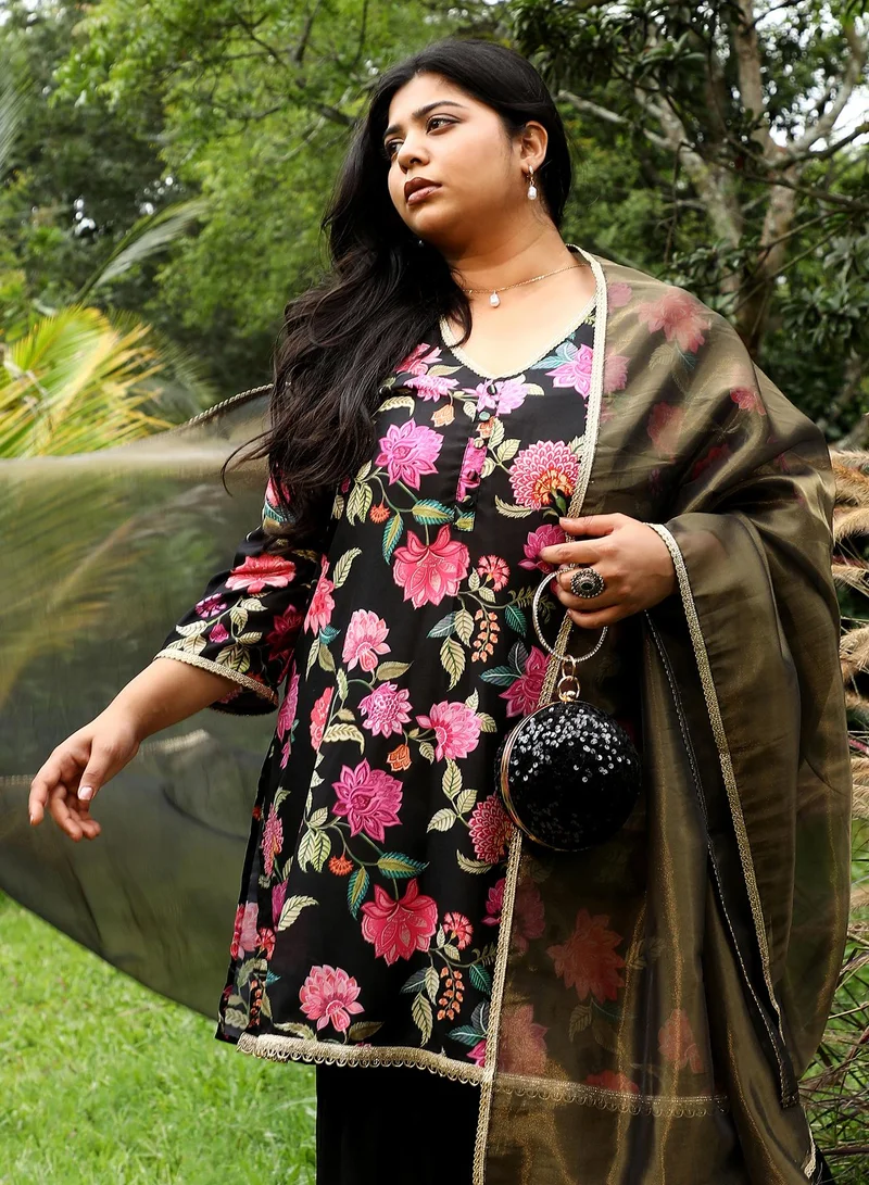 Instafab Plus Instafab Plus Women's Midnight Black Botanical Cluster Kurti Set For Ethnic Wear | V-Neck, Quarter Regular Sleeves | Floral Print Plain Fabric | 3 Piece Kurta Set For Evening & Party Wear