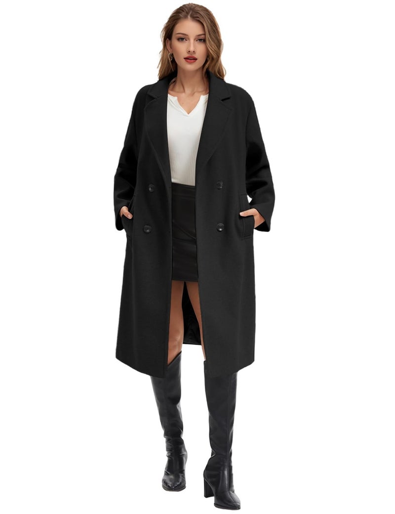 Flygo Womens Long Pea Coat Notch Lapel Double Breasted Trench Coat Fall Winter Overcoat Long Jacket(Black-XL) - Image 2