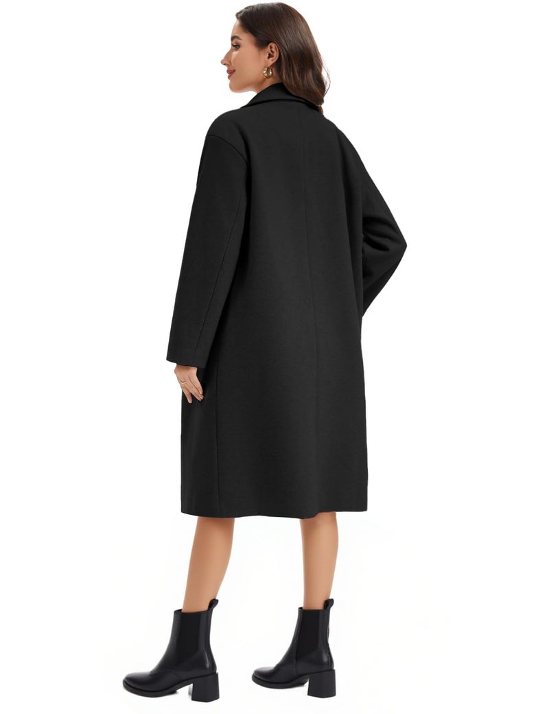 Flygo Womens Long Pea Coat Notch Lapel Double Breasted Trench Coat Fall Winter Overcoat Long Jacket(Black-XL) - Image 5