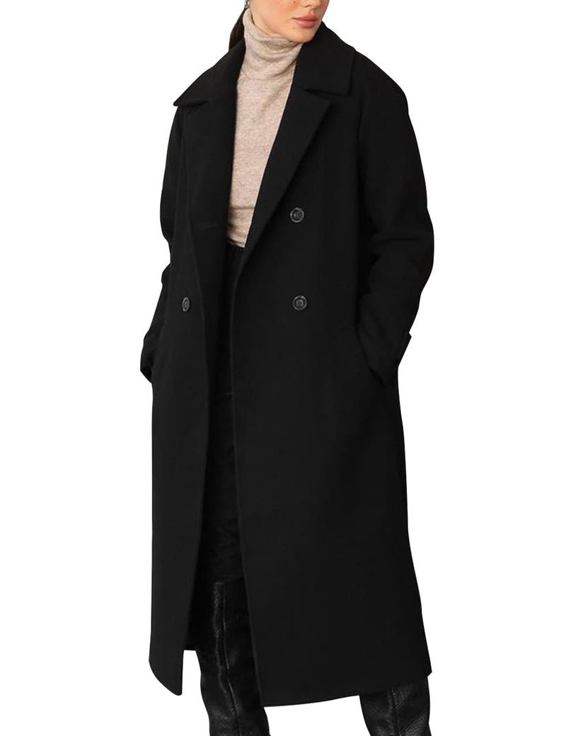 Flygo Womens Long Pea Coat Notch Lapel Double Breasted Trench Coat Fall Winter Overcoat Long Jacket(Black-XL) - Image 1