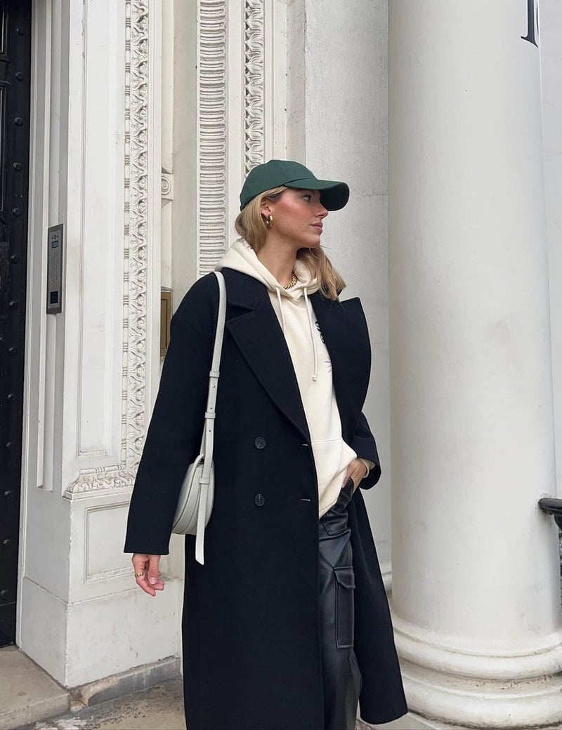 Flygo Womens Long Pea Coat Notch Lapel Double Breasted Trench Coat Fall Winter Overcoat Long Jacket(Black-XL) - Image 3