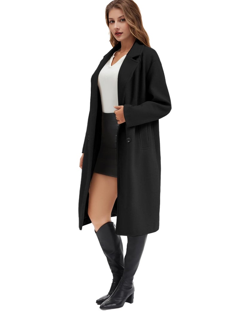 Flygo Womens Long Pea Coat Notch Lapel Double Breasted Trench Coat Fall Winter Overcoat Long Jacket(Black-XL) - Image 4