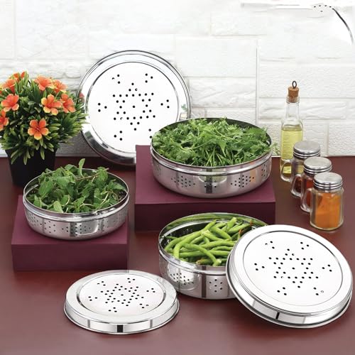 NATULIX Stainless Steel Hole Dabba with Air Ventilation, Food Storage Containers, Puri, Dhaniya, Sprout Maker, Dryfruits, Chocolates, Set of 3 - Silver - Image 2
