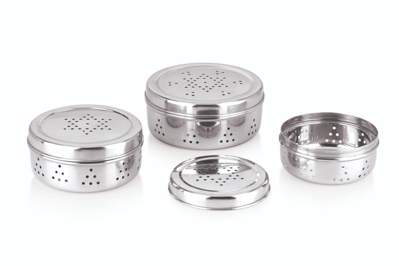 NATULIX Stainless Steel Hole Dabba with Air Ventilation, Food Storage Containers, Puri, Dhaniya, Sprout Maker, Dryfruits, Chocolates, Set of 3 - Silver - Image 4
