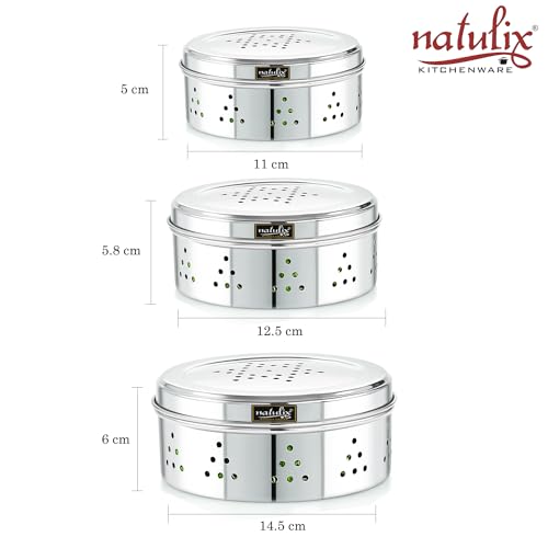 NATULIX Stainless Steel Hole Dabba with Air Ventilation, Food Storage Containers, Puri, Dhaniya, Sprout Maker, Dryfruits, Chocolates, Set of 3 - Silver - Image 5