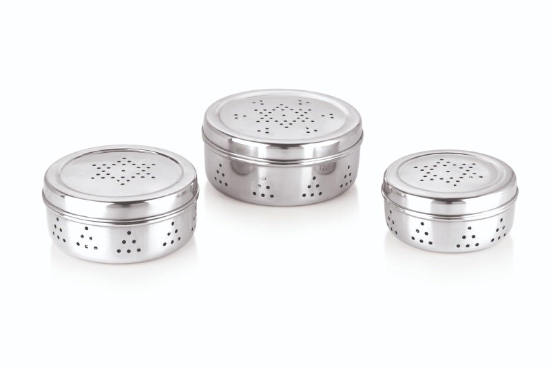 NATULIX Stainless Steel Hole Dabba with Air Ventilation, Food Storage Containers, Puri, Dhaniya, Sprout Maker, Dryfruits, Chocolates, Set of 3 - Silver - Image 3