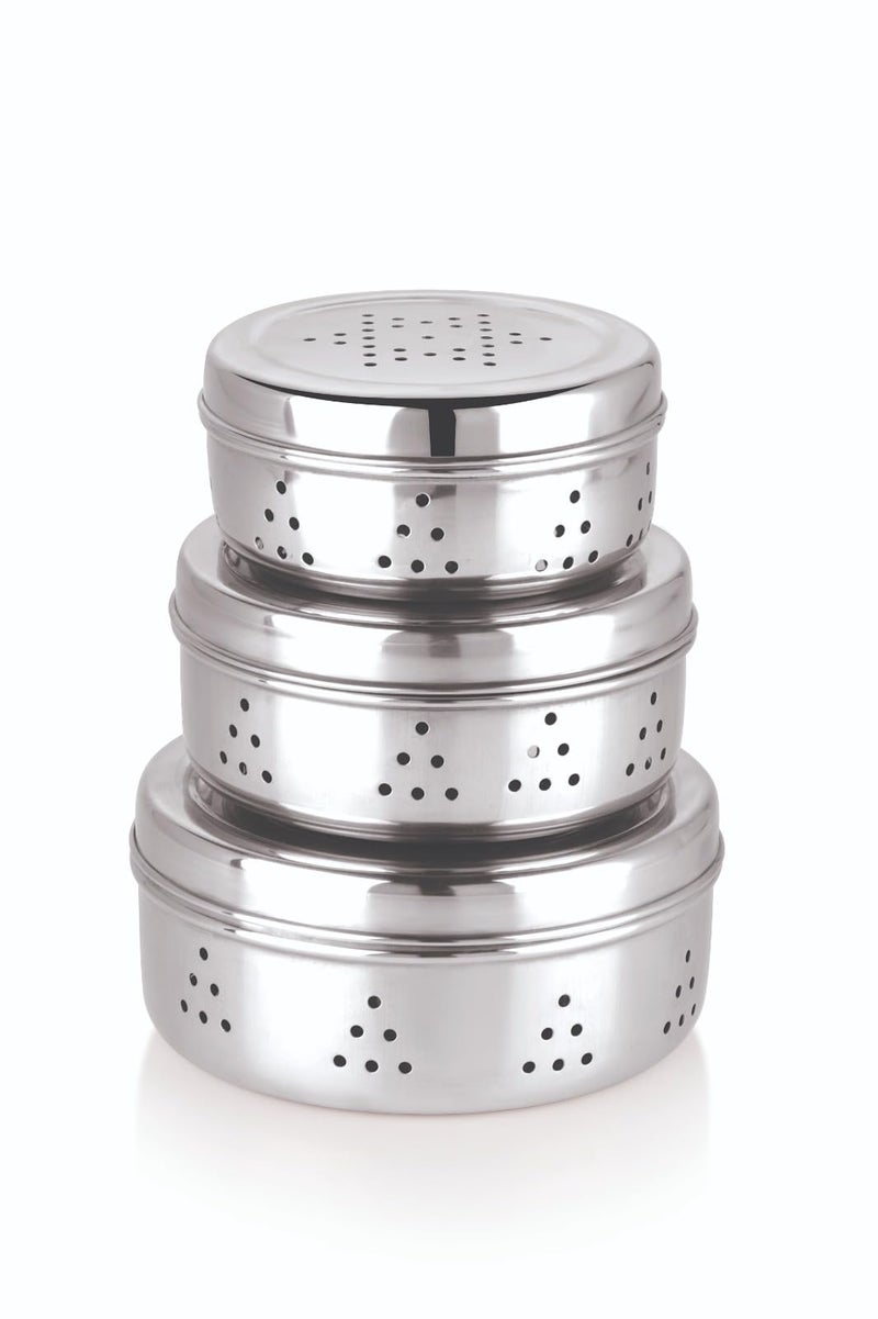 NATULIX Stainless Steel Hole Dabba with Air Ventilation, Food Storage Containers, Puri, Dhaniya, Sprout Maker, Dryfruits, Chocolates, Set of 3 - Silver - Image 1