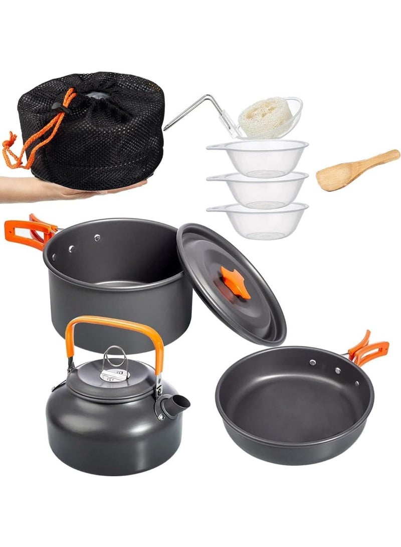 Camping Cookware Mess Kit, 9Pcs Portable Outdoor Pots Pans Camping Cooking Set Compact Lightweight Durable Non-Stick Cook Set for Backpack Hiking Picnic BBQ Travel with Kettle Pot Frying Pans Bowls - Image 1