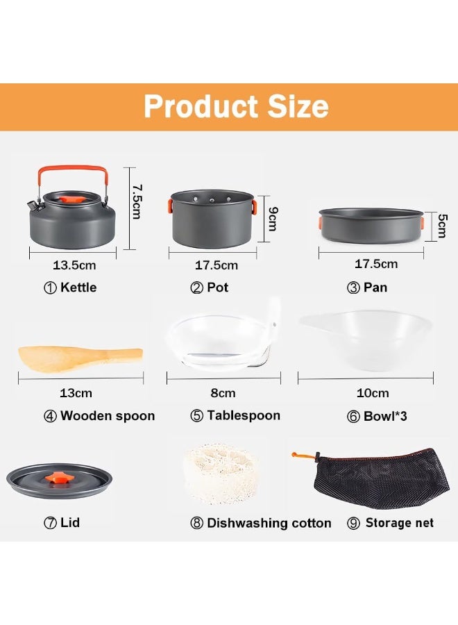 Camping Cookware Mess Kit, 9Pcs Portable Outdoor Pots Pans Camping Cooking Set Compact Lightweight Durable Non-Stick Cook Set for Backpack Hiking Picnic BBQ Travel with Kettle Pot Frying Pans Bowls - Image 2