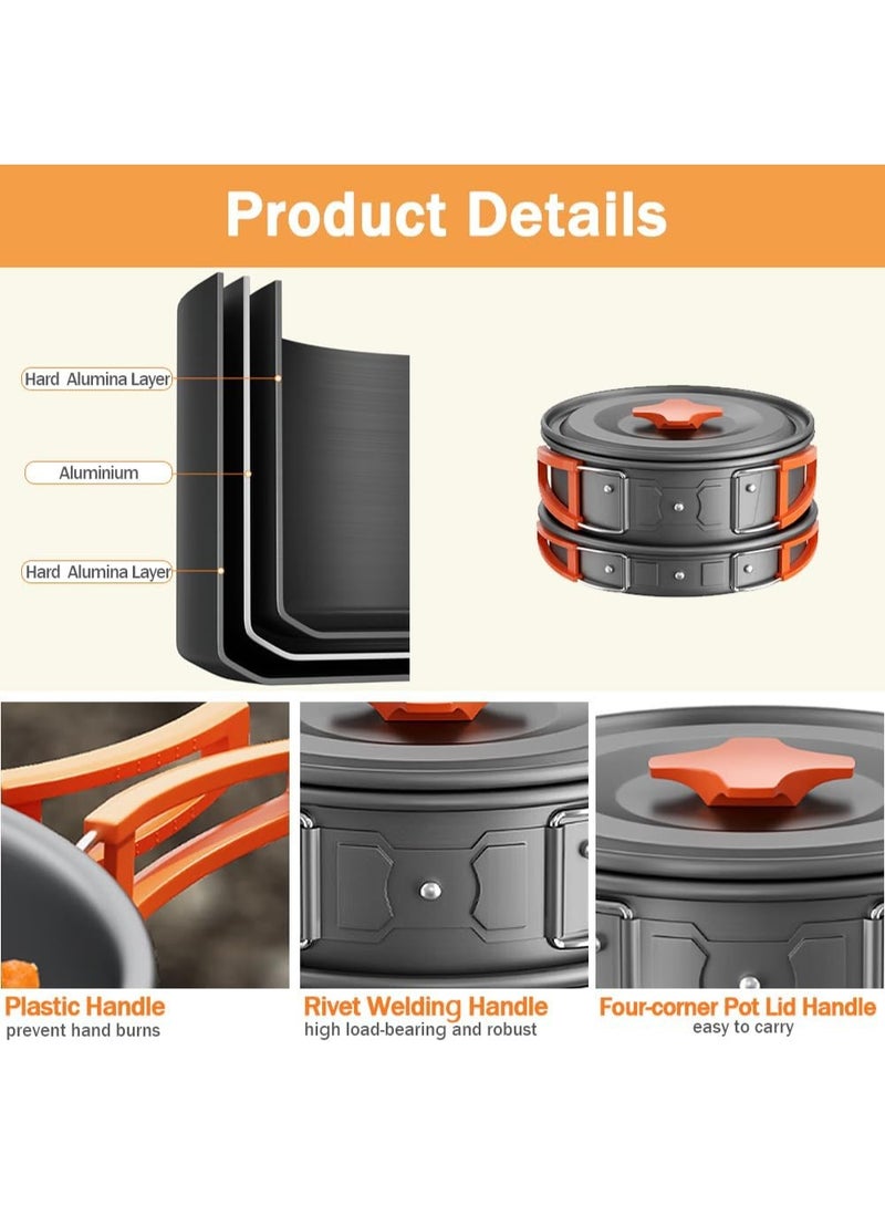 Camping Cookware Mess Kit, 9Pcs Portable Outdoor Pots Pans Camping Cooking Set Compact Lightweight Durable Non-Stick Cook Set for Backpack Hiking Picnic BBQ Travel with Kettle Pot Frying Pans Bowls - Image 3