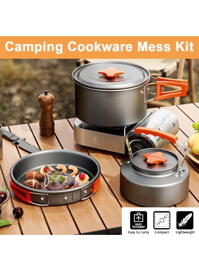 Camping Cookware Mess Kit, 9Pcs Portable Outdoor Pots Pans Camping Cooking Set Compact Lightweight Durable Non-Stick Cook Set for Backpack Hiking Picnic BBQ Travel with Kettle Pot Frying Pans Bowls - Image 4