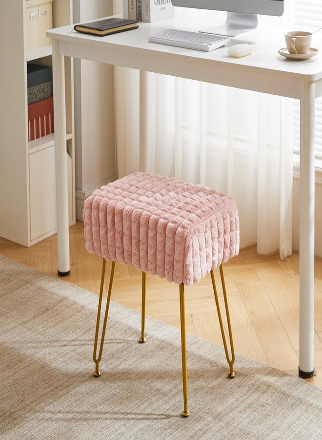 IBUYKE Rectangular Footrest Stool Ottoman, Makeup Vanity Stool Side Table, Velvet Dressing Table Seat, Pouf Couch Stool, Golden Steel Legs, Square Grid Pattern, Pink WBD003P - Image 2