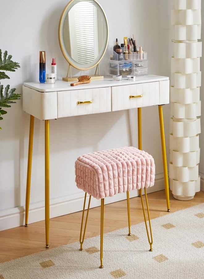 IBUYKE Rectangular Footrest Stool Ottoman, Makeup Vanity Stool Side Table, Velvet Dressing Table Seat, Pouf Couch Stool, Golden Steel Legs, Square Grid Pattern, Pink WBD003P - Image 3