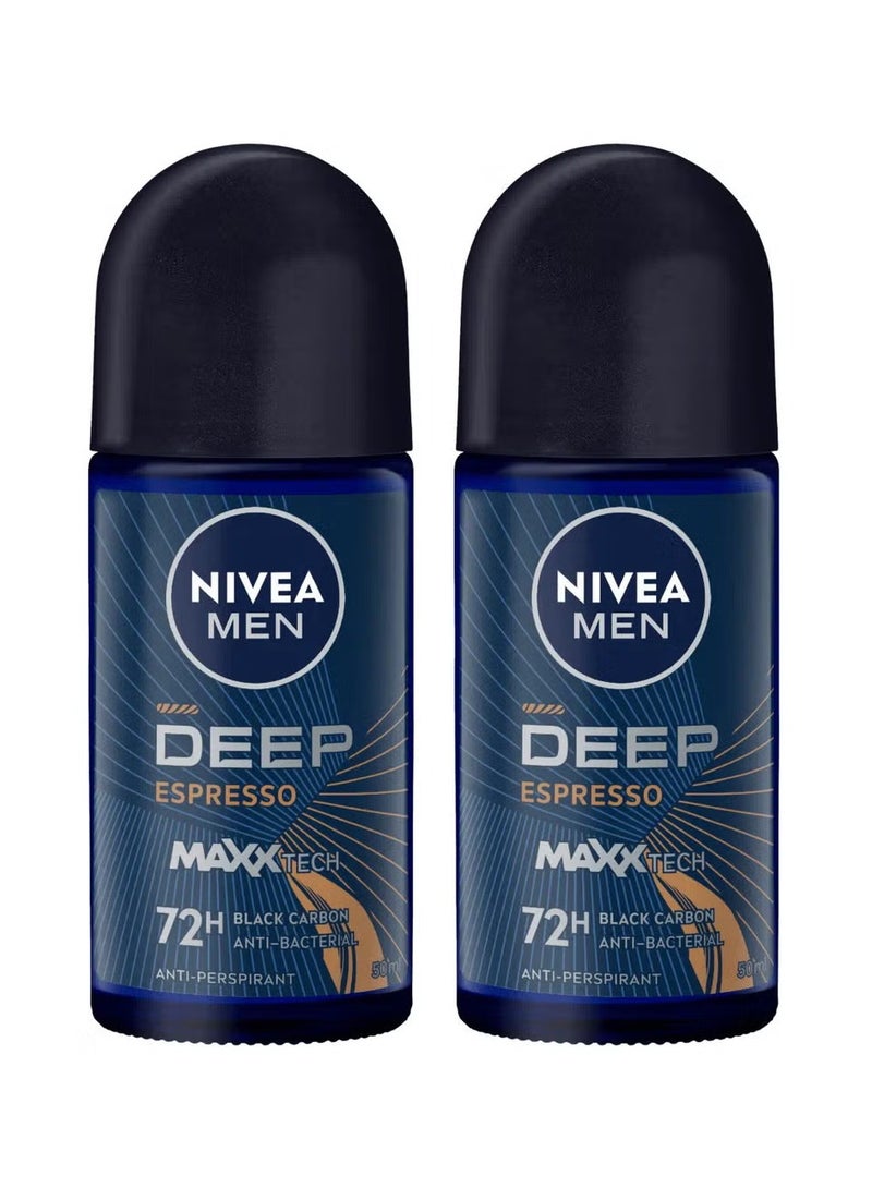 Nivea Pack Of 2 Deodorant Men Roll On Deep Black Carbon With Espresso Scent 50ml
