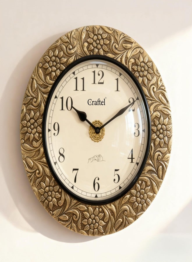 CRAFTEL 12 Inch Antique Brass Embossed Wall Clock for Home | Premium Aluminum Dial | Vintage Floral Design | Decorative Clock for Living Room & Office (1-Year Warranty) - Image 1